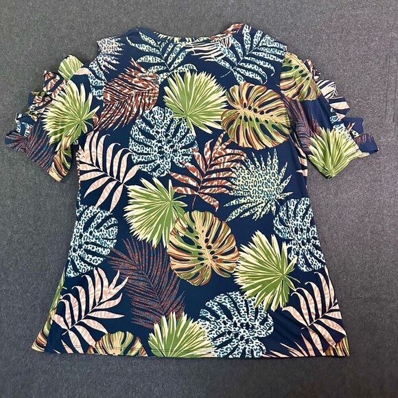 Scarlett Tropical Floral Print U-Neck Cutout Sleeve Blouse Womens XL Blue Cottag - Picture 4 of 11